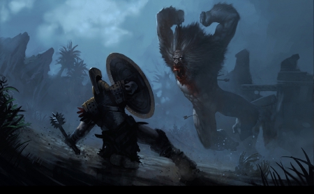 Fighting The Beast - fantasy, mace, man, monster