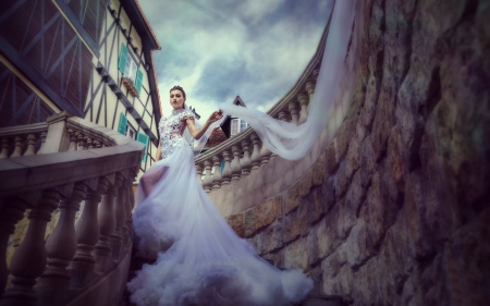 Bride - white, model, veil, castle, bride, girl, woman, dress