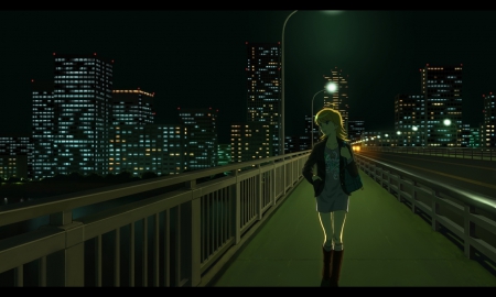 Night Walk - pretty, anime, lonely, female, scenery, town, walking, alone, scene, night, light, walk, home, dark, nice, house, anime girl, beautiful, girl, city, beauty, lovely, sweet, fence, darkness, street, black, bridge, building