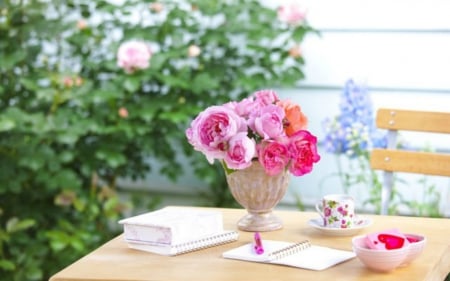 Still Life - table, flowers, still life, book, cup