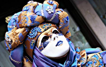 Venice Carnival - venice carnival, hat, mask, golden, blue