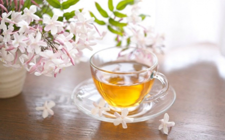 Tea Time - glass, tea, drink, flowers, cup