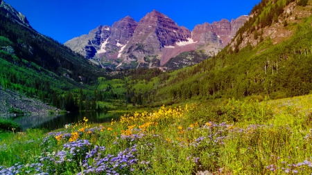 Maroon Bells - summer, beautiful, slope, lovely, clidds, mountain, wildflowers, peak, lake, Maroon Bells, sky, rocks