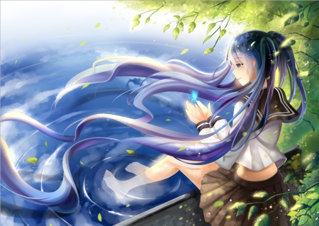 Miku - Vocaloid, Hatsune Miku, Anime Girl, Butterfly, Falling Leaves, Anime, Miku, Long Hair, Water, Blue Butterfly, School Uniform, Soaking Feet, Hatsune