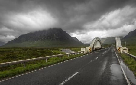 Black Clouds - black, mountain, road, clouds