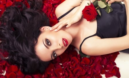 * Rose girl * - passionate, red rose, girl, rose, face, brunette, petals, red lips