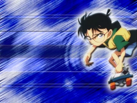 Detective Conan - male, megane, boy, blue, conan edogawa, skateboard, detective conan