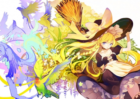 ~The Book of Magic~ - hat, anime, birds, broom, book, dress, blonde, flowers, witch, colorful, touhou, kirisame marisa