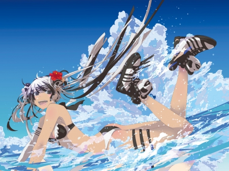 Rockin' My High Tops - sky, girl, ribbons, swimsuit, long hair, water, summer, high tops, ponytails, clouds, bikini, anime, gray hair, black eyes, flower