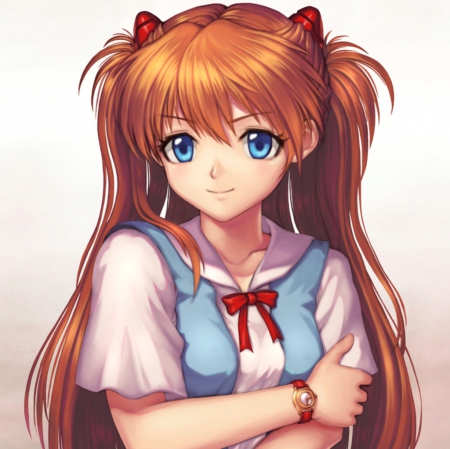 Asuka Langley Soryu - pretty, anime, female, neon, asuka, uniform, asuka langley soryu, ribbon, hd, neon genesis evangelion, nice, blue eyes, neon genesis, anime girl, realistic, beautiful, girl, beauty, lovely, sweet, cg, school uniform, evangelion, longhair, genesis, eva, orange hair