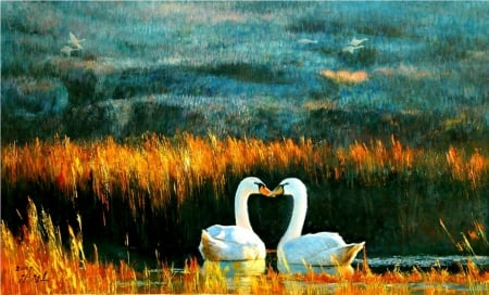 Painting - swans, painting, abstract, golden