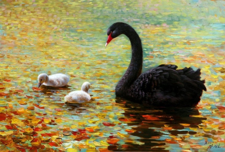 Swan Family - children, family, swan, birds