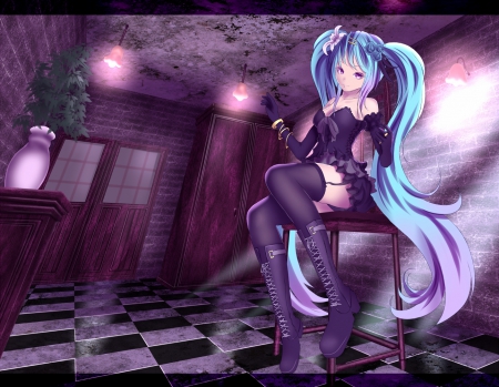 Purple Room - hot, room, anime girl, purple, lantern, checkers, lamp, hatsune miku, lady, sexy, long hair, vocaloid, beautiful, ivine, sweet, dress, nice, beauty, female, twintail, muki hatsune, floor, home, gorgeous, pretty, anime, miku, house, twin tail, splendid, maiden, girl, twintails, lovely, hatsune, twin tails, sublime