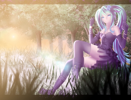 Forest Mist - pretty, anime, vocaloid, twin tail, female, scenery, miku hatsune, twintail, scene, maiden, dress, grass, hatsune miku, forest, light, long hair, gorgeous, mist, field, nice, twin tails, gown, anime girl, twintails, girl, lovely, sweet, glowing, lady, miku, hatsune