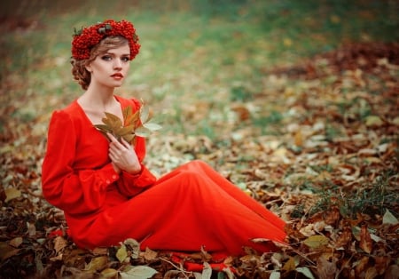 Autumn Fantasy - woman, autumn, red, model, leaves