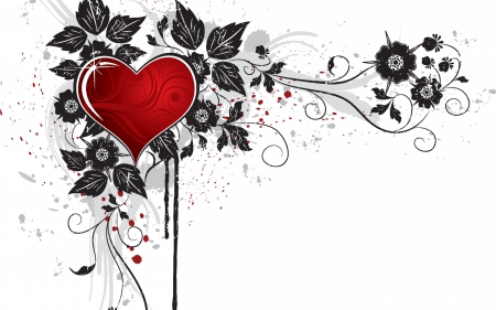 The red heart - style, vector, day, heart, leaf, valentine, black, white, red, flower