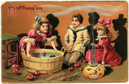 Halloween Apple Party - girl, old, card, children, olddesignshop, retro, fruit, vintage, bucket, halloween apple party, autumn, boy