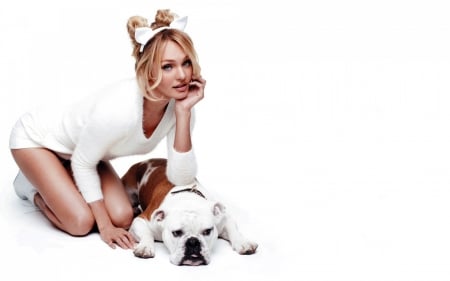 Candice Swanepoel - white, animal, model, blonde, girl, woman, candice swanepoel, dog