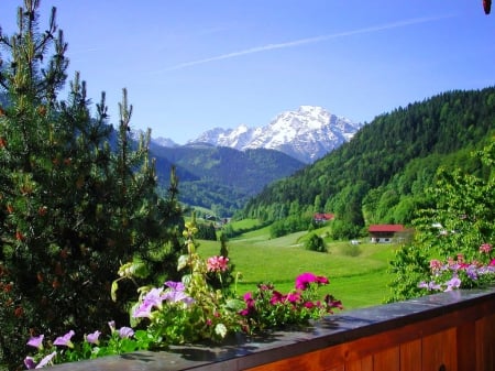 Mountain village - sky, slope, trees, paradise, peaceful, greenery, cottages, rocks, view, pretty, grass, fresh, houses, mountain, hills, air, lovely, peak, serenity, nature, village, beautiful, flowers