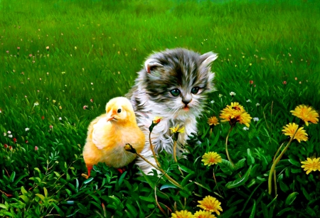 Two little friends - freshness, fluffy, animals, greenery, meadow, painting, art, pretty, cute, grass, adorable, cat, kitty, summer, kitten, chicken, beautiful, sweet, friends, wildflowers