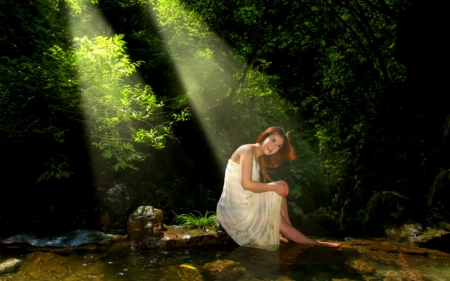 Forest girl - forest, rays, light, girl, woman