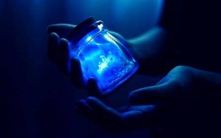 The Secret is in your hand - hands, bottle, blue, magic