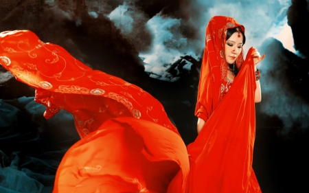 Pretty Asian - veil, Asian, red, woman