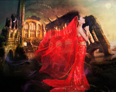 Mystical Goddess - veil, woman, red, art, ruins