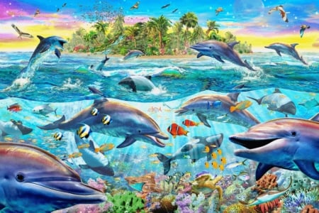 Under Water - dolphins, whale, island, fish, artwork