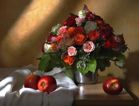 Still Life-Roses- - flowers, still life, apples, roses