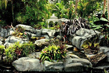 Enchanted Garden - garden, plants, rocks, water, palms, gazebo, trees