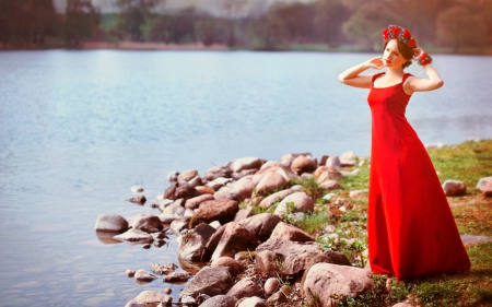 Lady in Red - lake, woman, dress, model