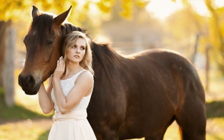 Special Bond - Autumn, female, Fall, dress, blonde, horse