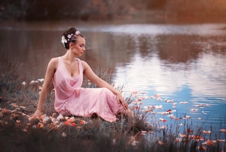 Petals - woman, petals, pink, rose, dress