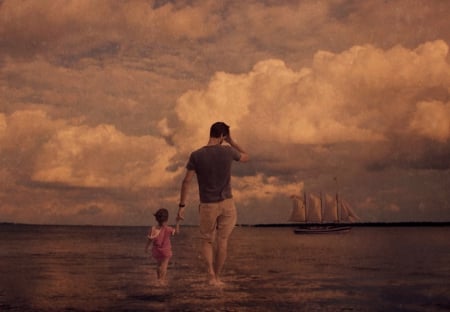 My Daddy...My HERO! - ship, father, beach, daughter, sea, sand