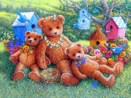 ★Family Getaway★ - pretty, birds, attractions in dreams, creative pre-made, family, happy, flowers, teddy bears, fields, beautiful, paintings, weird things people wear, colors, lovely, getaway, nature, cute, love four seasons, birdhouses