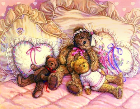 ★Cute Nap Time★ - pretty, attractions in dreams, creative pre-made, pillows, family, bed, teddy bears, beautiful, paintings, weird things people wear, nap, colors, lovely, sweet, sleep, cute, love four seasons