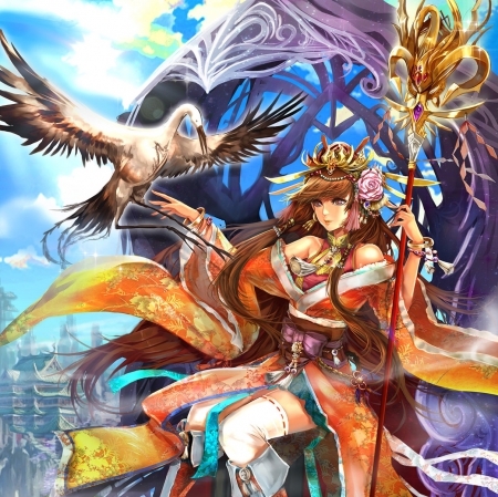 Furikofuku - pretty, bird, anime, tiara, female, maiden, crown, dress, long hair, gorgeous, hd, princess, nice, anime girl, beautiful, girl, beauty, lovely, brown hair, sweet, cg, fantasy, lady, awesome, crane