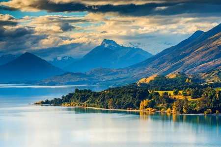 Sunset At Lake Wakatipu - sky, autumn, lake, new zealand, sunset, mountains, forest, snow, beautiful, clouds