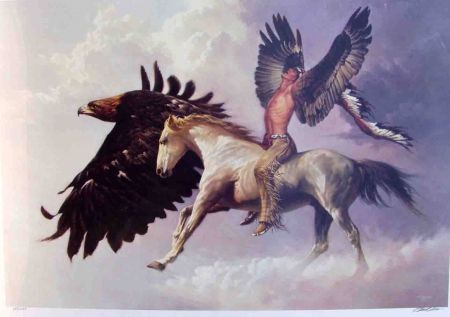 indian fantasy - flying, indian, eagle, horse, wings