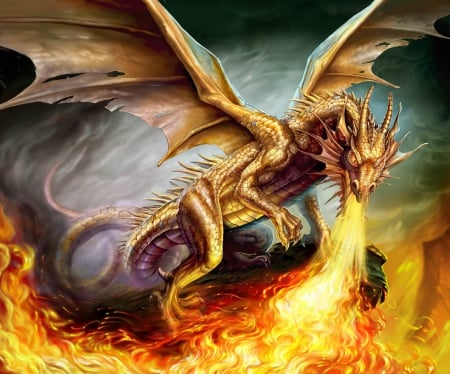 Dragon - dragon, fire, wings, art, spitting