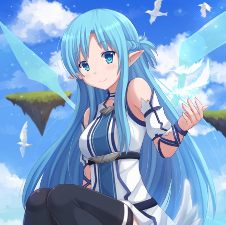 Yuuki Asuna - pretty, anime, female, wing, blue, dress, long hair, yuuki, blue hair, sword art online, sao, nice, sky, blue eyes, anime girl, asuna, beautiful, girl, yuuki asuna, feather, beauty, lovely, sweet, white, wings, fairy, asuna yuuki, cloud