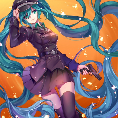 Hatsune Miku - nice, gun, beauty, female, twintail, simple, anime girl, miku hatsune, pretty, pistol, anime, miku, twin tail, hatsune miku, girl, twintails, long hair, lovely, cg, hatsune, vocaloids, hd, twin tails, vocaloid, plain, beautiful, weapon, sweet, green hair