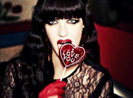 Eva Green - heart, girl, love, glove, actress, make-up, lollipop, red, word, woman, Eva Green, face, candy