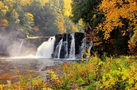 Manabezho falls - falling, trees, cascades, water, beautiful, falls, forest, lovely, photo, river, waterfall, autumn, foliage, rocks