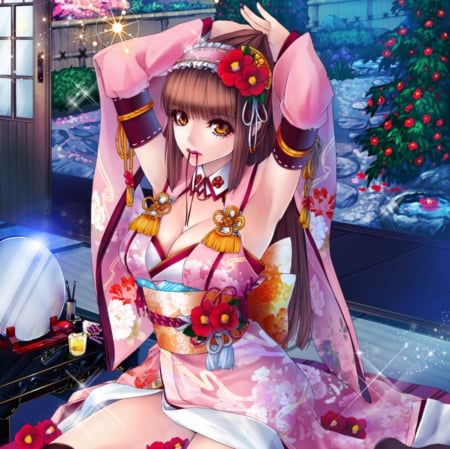 Long Brown Hair - anime, divine, female, iwb eyes, blossom, maiden, pink, long hair, sublime, japan, splendid, oriental, gorgeous, hd, brown eyes, anime girl, beautiful, hot, girl, beauty, kimono, brown hair, flower, yukata, cg, wonderful, lady, angelic, floral, sexy, japanese