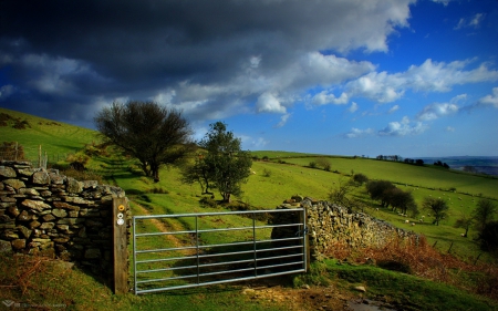 Countryside - stone, sky, fence, gate, countryside, path, country, nature, blue, clouds, green, tree, grass, shadow