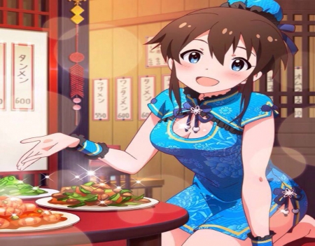 Minako - idolmaster, anime, dress, food, girl, chinese, cute