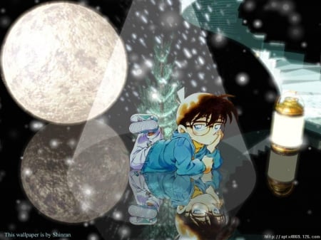 Conan Edogawa - Blush, Cute, Moon, Boy, Megane, Detective Conan, Snow, Conan Edogawa, Male