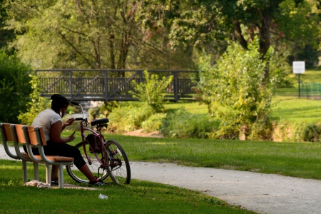 Taking a Break - relaxing, taking a break, reading, peaceful, park, bicycle